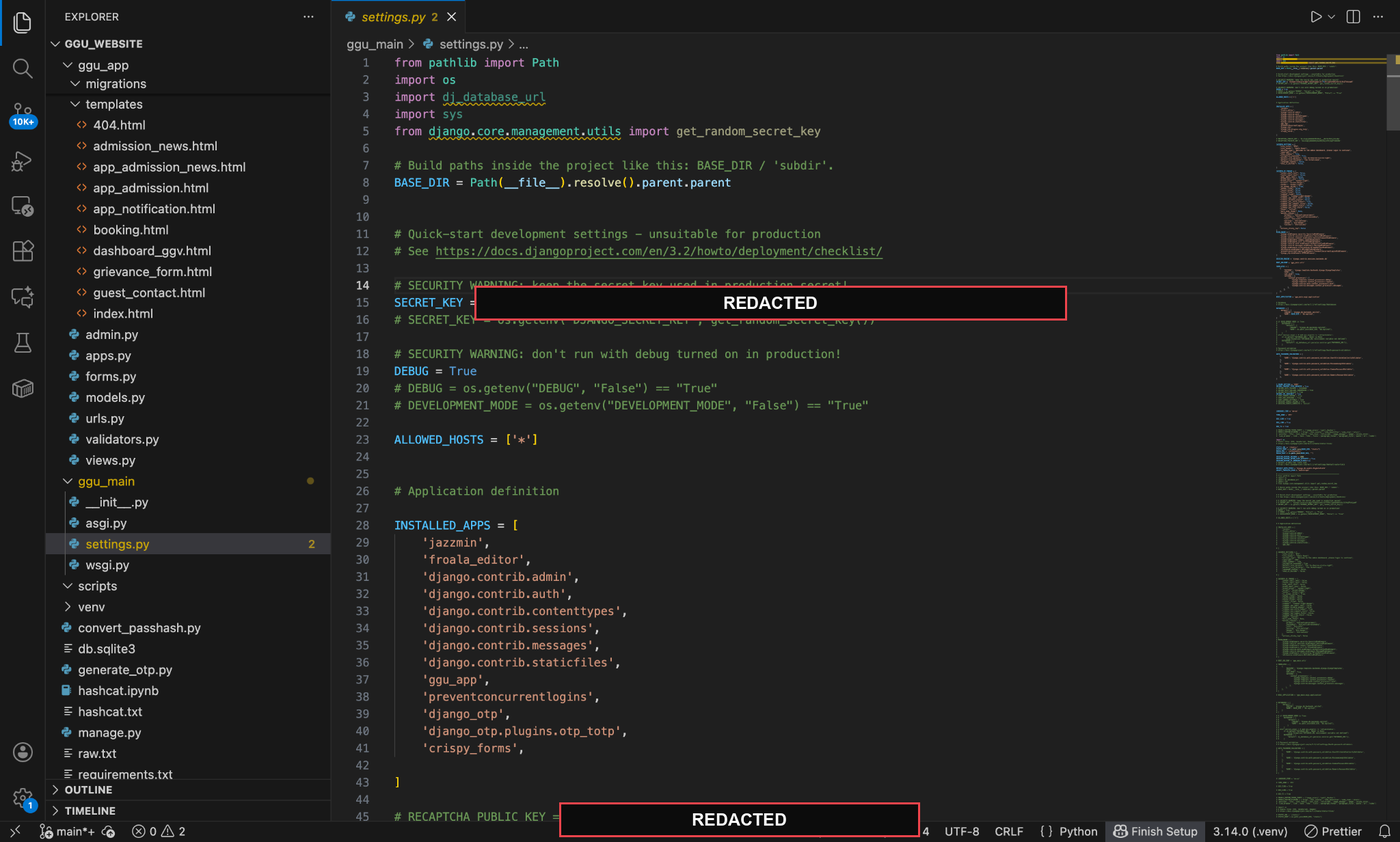 The Django settings file with DEBUG=True and a redacted hardcoded SECRET_KEY